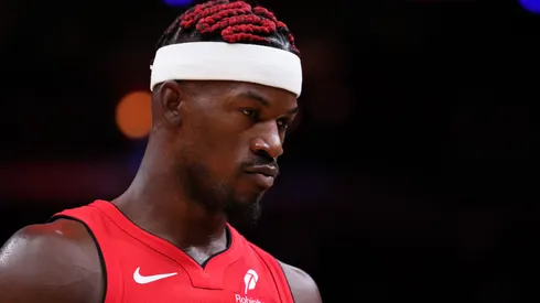 Jimmy Butler #22 of the Miami Heat looks on during the first quarter against the Miami Heat at Kaseya Center on November 24, 2024 in Miami, Florida.