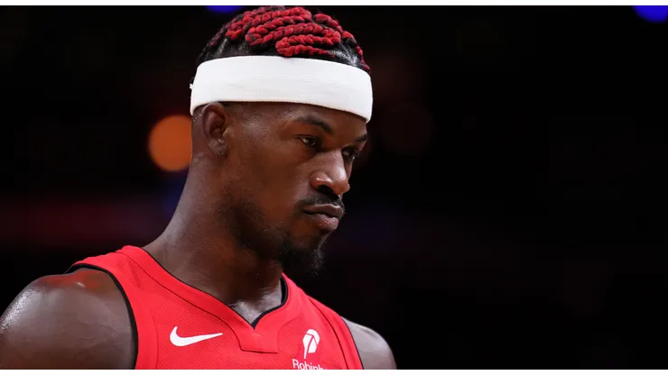 Jimmy Butler #22 of the Miami Heat looks on during the first quarter against the Miami Heat at Kaseya Center on November 24, 2024 in Miami, Florida.