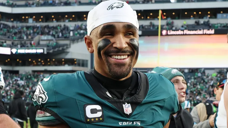 Jalen Hurts #1 of the Philadelphia Eagles smiles after a game against the Carolina Panthers at Lincoln Financial Field on December 08, 2024 in Philadelphia, Pennsylvania.