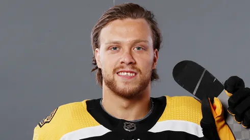 David Pastrnak #88 of the Boston Bruins poses for a portrait ahead of the 2020 NHL All-Star Game at Enterprise Center on January 24, 2020 in St Louis, Missouri.