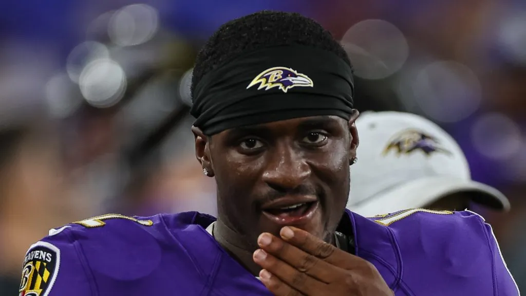 Anthony Brown #12 of the Baltimore Ravens looks on against the Washington Commanders during the second half of a preseason game at M&amp;T Bank Stadium on August 27, 2022 in Baltimore, Maryland.