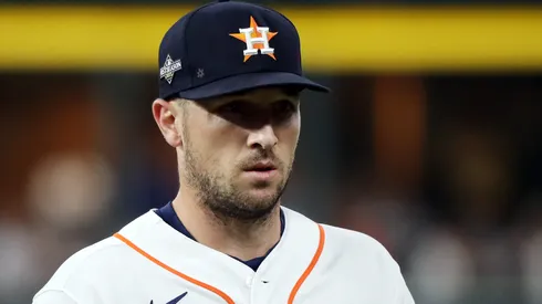 Alex Bregman #2 of the Houston Astros looks on before Game One of the American League Championship Series against the Texas Rangers at Minute Maid Park on October 15, 2023 in Houston, Texas.