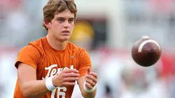 Arch Manning #16 of the Texas Longhorns warms-up prior to a game against the Alabama Crimson Tide at Bryant-Denny Stadium on September 09, 2023 in Tuscaloosa, Alabama.