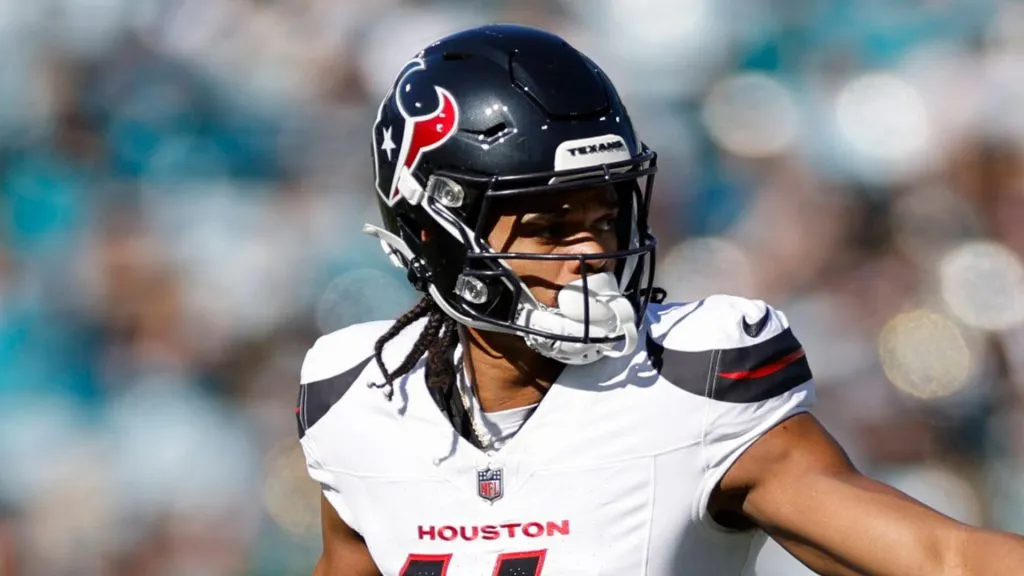Houston Texans wide receiver Jared Wayne (14) lines up for a play during the game between the Jacksonville Jaguars and the Houston Texans on December 1, 2024