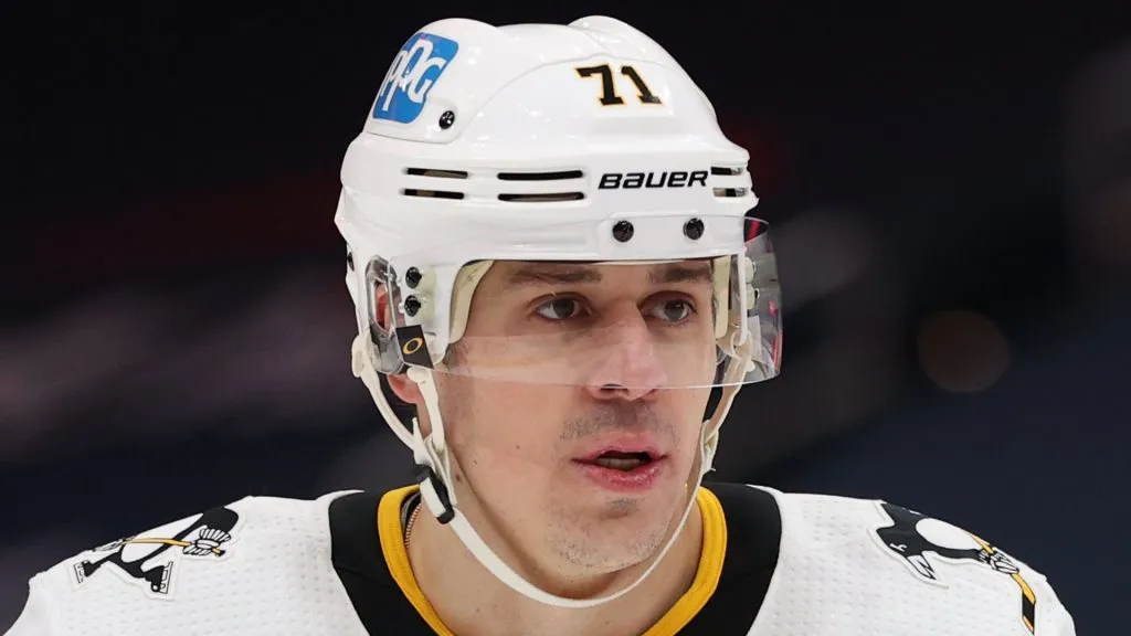 Evgeni Malkin #71 of the Pittsburgh Penguins looks on against the Washington Capitals during the first period at Capital One Arena on February 23, 2021 in Washington, DC.