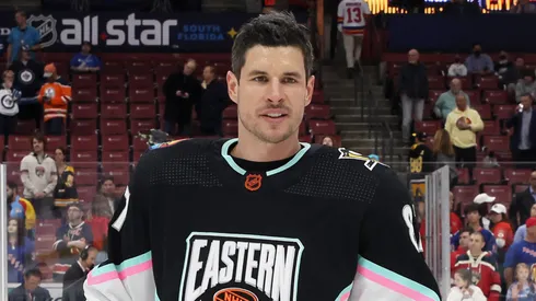 Sidney Crosby poses for photographers prior to the 2023 NHL All-Star Game at FLA Live Arena on February 04, 2023 in Sunrise, Florida.