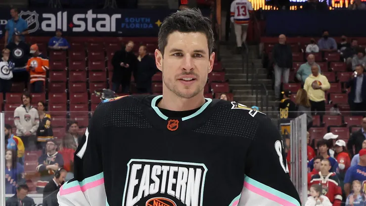 Sidney Crosby poses for photographers prior to the 2023 NHL All-Star Game at FLA Live Arena on February 04, 2023 in Sunrise, Florida.