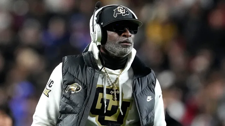 Head coach Deion Sanders of the Colorado Buffaloes looks up at the scoreboard during a game against the Kansas Jayhawks in the second half at Arrowhead Stadium on November 23, 2024 in Kansas City, Missouri.