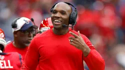 Head coach DeMeco Ryans of the Houston Texans looks on during the first half of a game against the Jacksonville Jaguars at NRG Stadium on November 26, 2023.