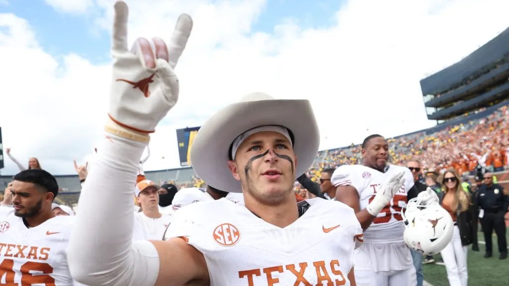 Michael Taaffe #16 of the Texas Longhorns celebrates after a 31-12 victory against the Michigan Wolverines at Michigan Stadium on September 07, 2024 in Ann Arbor, Michigan.