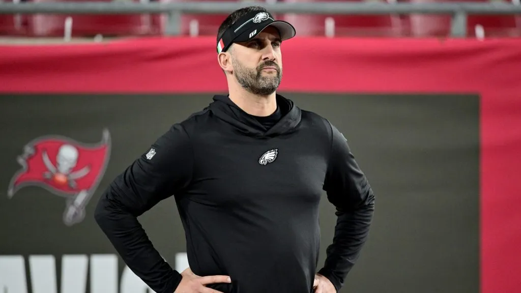 Head coach Nick Sirianni of the Philadelphia Eagles looks on prior to the NFC Wild Card Playoffs against the Tampa Bay Buccaneers at Raymond James Stadium on January 15, 2024. (Source: Julio Aguilar/Getty Images)