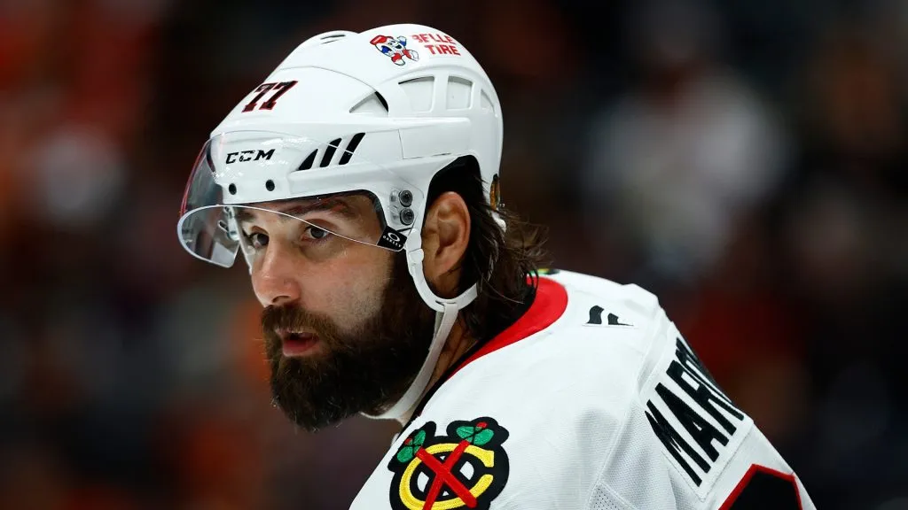 Patrick Maroon #77 of the Chicago Blackhawks at Honda Center on November 03, 2024 in Anaheim, California.