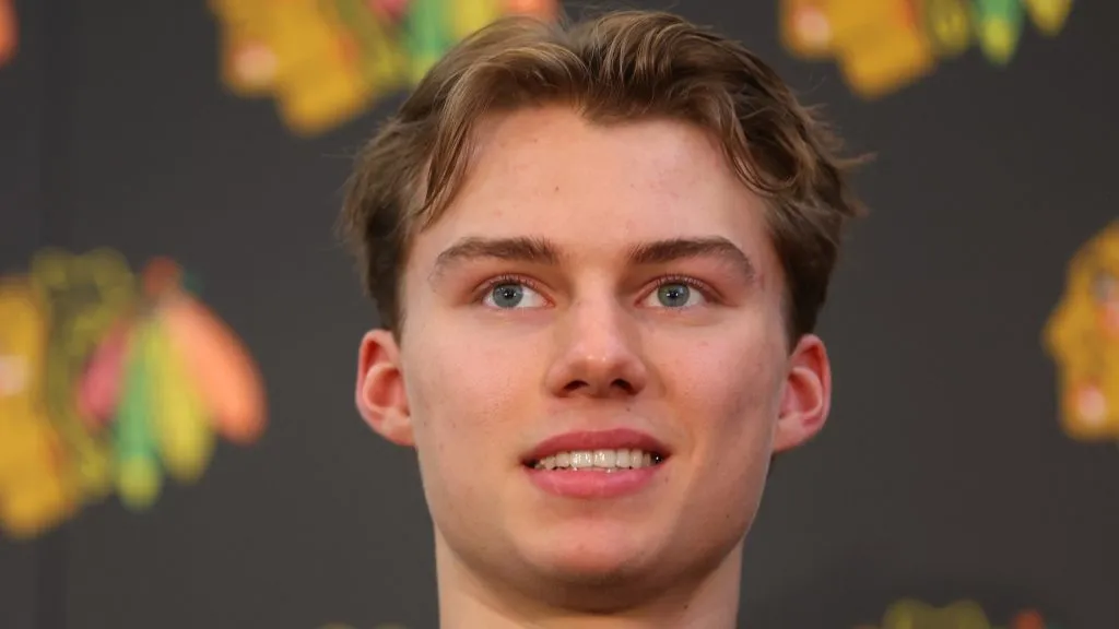Connor Bedard of the Chicago Blackhawks looks on during a introductory press conference at Fifth Third Arena on June 30, 2023 in Chicago, Illinois.