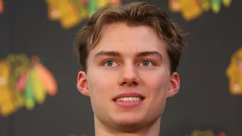 Connor Bedard of the Chicago Blackhawks looks on during a introductory press conference at Fifth Third Arena on June 30, 2023 in Chicago, Illinois.
