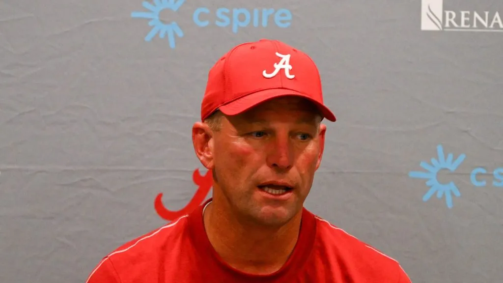 Head Coach Kalen DeBoer of the Alabama Crimson Tide speaks to the press after losing 40-35 to the Vanderbilt Commodores at FirstBank Stadium on October 5, 2024 in Nashville, Tennessee.