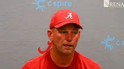 Head Coach Kalen DeBoer of the Alabama Crimson Tide speaks to the press after losing 40-35 to the Vanderbilt Commodores at FirstBank Stadium on October 5, 2024 in Nashville, Tennessee.