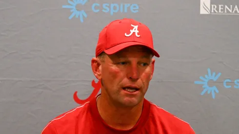 Head Coach Kalen DeBoer of the Alabama Crimson Tide speaks to the press after losing 40-35 to the Vanderbilt Commodores at FirstBank Stadium on October 5, 2024 in Nashville, Tennessee.