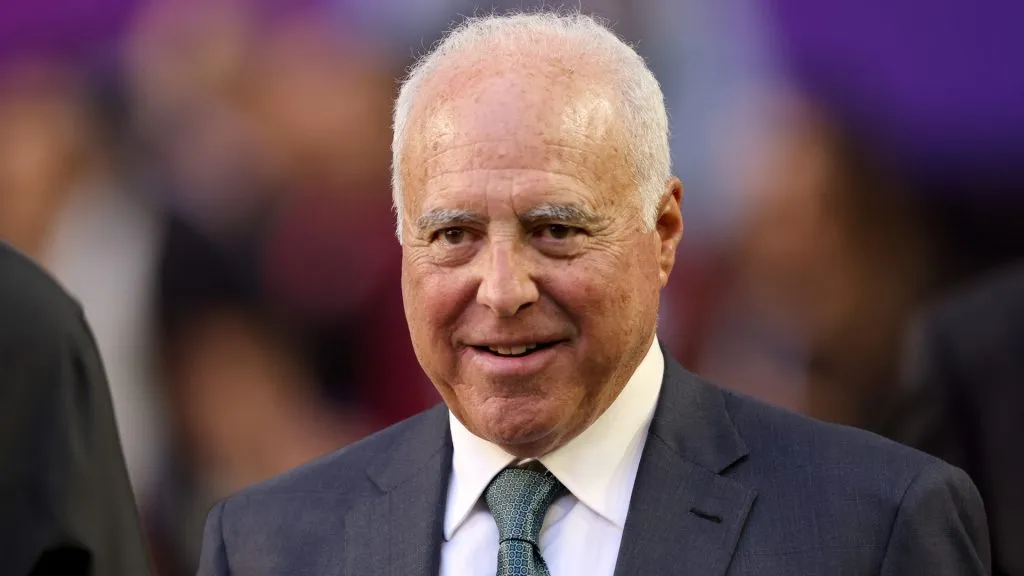Philadelphia Eagles owner Jeffrey Lurie looks on before Super Bowl LVII between the Kansas City Chiefs and the Philadelphia Eagles at State Farm Stadium on February 12, 2023. (Source: Gregory Shamus/Getty Images)