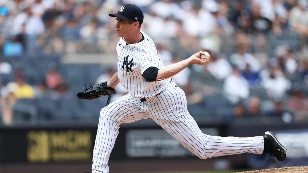 Tim Hill #54 of the New York Yankees pitches against the Boston Red Sox during the fifth inning at Yankee Stadium on July 06, 2024 in in the Bronx borough of New York City. (Photo by Luke Hales/Getty Images)