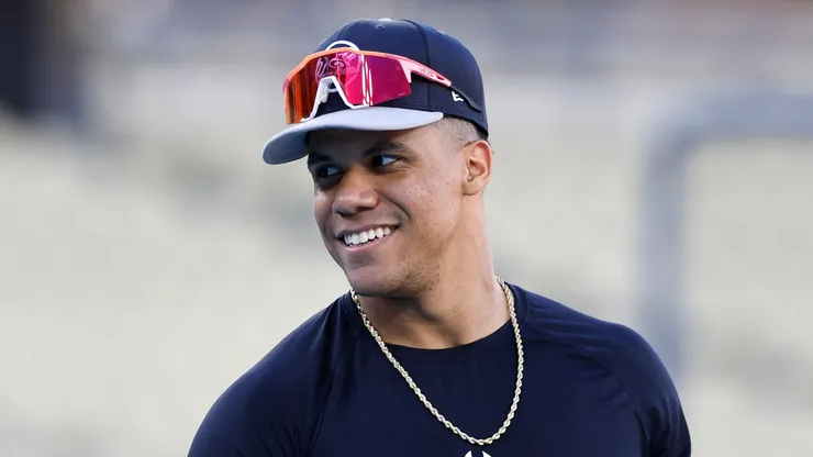 Juan Soto reacts during batting practice on workout day ahead of Game 1 of the 2024 World Series at Dodger Stadium on October 24, 2024 in Los Angeles, California.
