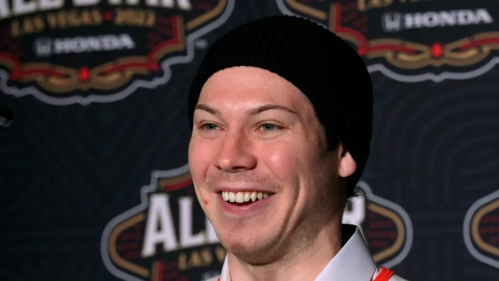 Tristan Jarry #35 of the Pittsburgh Penguins speaks during the Media Day as part of the 2022 NHL All-Star Weekend on February 04, 2022 in Las Vegas, Nevada.
