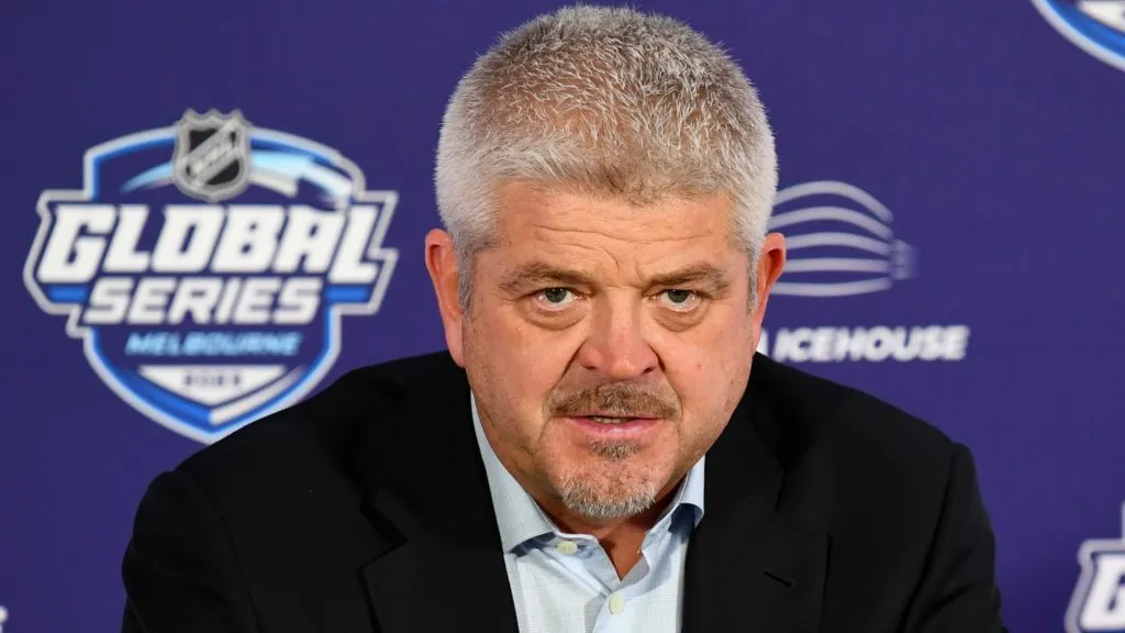 Former head coach Todd McLellan of the Los Angeles Kings speaks during a press conference following the NHL Global Series match between Arizona Coyotes and Los Angeles Kings at Rod Laver Arena on September 24, 2023 in Melbourne, Australia.