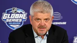 Former head coach Todd McLellan of the Los Angeles Kings speaks during a press conference following the NHL Global Series match between Arizona Coyotes and Los Angeles Kings at Rod Laver Arena on September 24, 2023 in Melbourne, Australia.