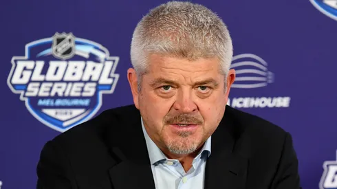 Former head coach Todd McLellan of the Los Angeles Kings speaks during a press conference following the NHL Global Series match between Arizona Coyotes and Los Angeles Kings at Rod Laver Arena on September 24, 2023 in Melbourne, Australia.