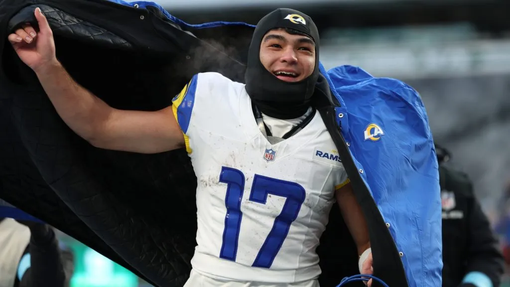 Puka Nacua #17 of the Los Angeles Rams celebrates after defeating the New York Jets 19-9 at MetLife Stadium on December 22, 2024. (Source: Luke Hales/Getty Images)