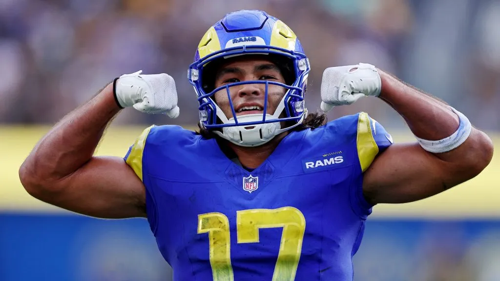 Puka Nacua #17 of the Los Angeles Rams celebrates a two point conversion score during the third quarter against the Pittsburgh Steelers at SoFi Stadium on October 22, 2023. (Source: Harry How/Getty Images)