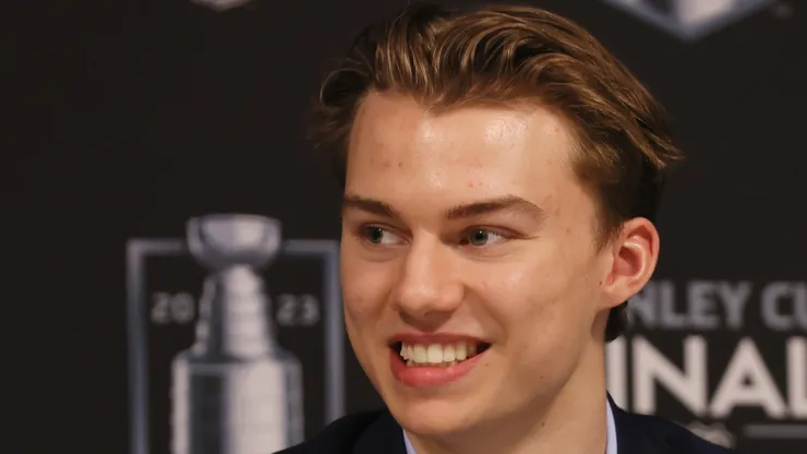 Top NHL prospect Connor Bedard speaks with the media prior to Game Two of the 2023 NHL Stanley Cup Final at T-Mobile Arena on June 05, 2023 in Las Vegas, Nevada.