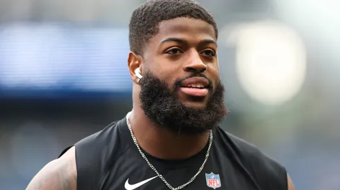 Jared Verse #8 of the Los Angeles Rams warms up prior to a game against the Seattle Seahawks at Lumen Field on November 03, 2024.