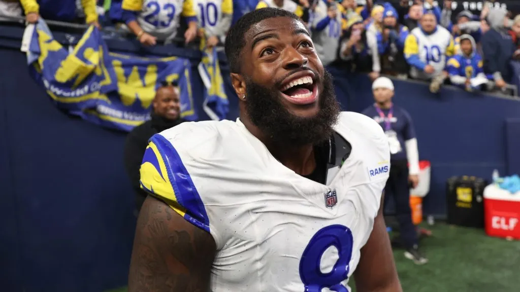 Jared Verse #8 of the Los Angeles Rams celebrates after beating the Seattle Seahawks 26-20 in overtime at Lumen Field on November 03, 2024. (Source: Steph Chambers/Getty Images)
