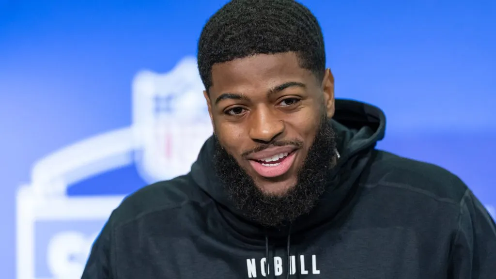 Jared Verse #DL51 of the Florida State Seminoles speaks to the media during the 2024 NFL Draft Combine at Lucas Oil Stadium on February 28, 2024. (Source: Michael Hickey/Getty Images)