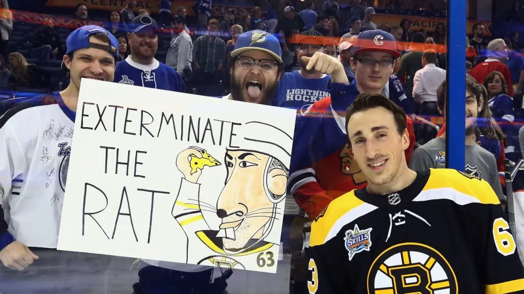 Brad Marchand #63 of the Boston Bruins poses with fans during the Honda NHL Accuracy Shooting during the 2018 GEICO NHL All-Star Skills Competition at Amalie Arena on January 27, 2018 in Tampa, Florida.