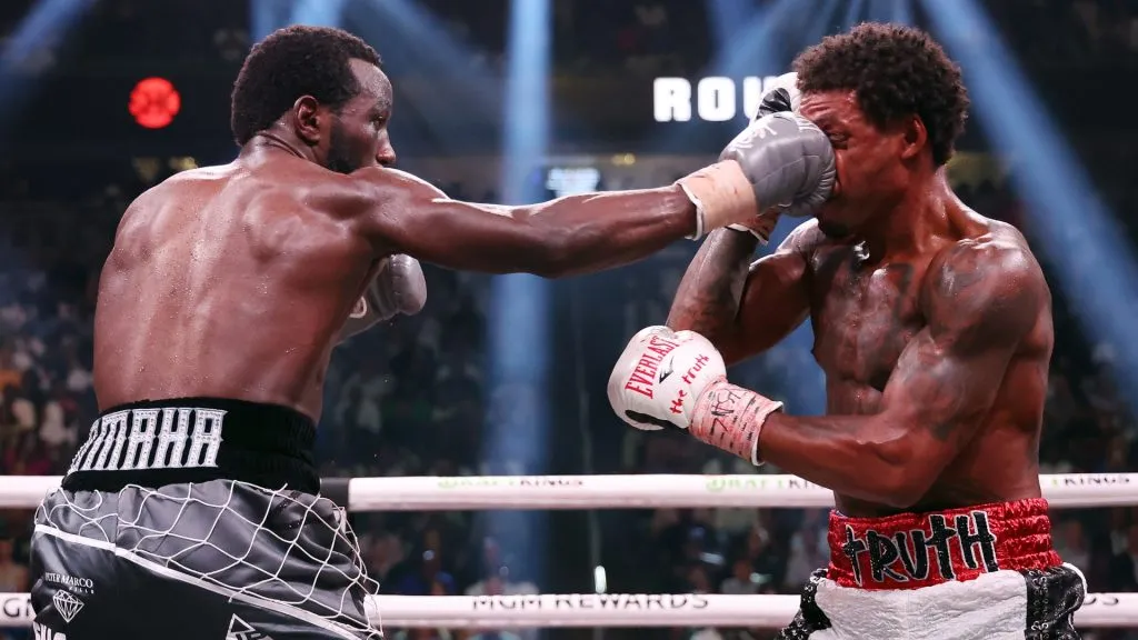Terence Crawford punches Errol Spence Jr. during round 5 of the World Welterweight Championship bout at T-Mobile Arena on July 29, 2023 in Las Vegas, Nevada. (Photo by Al Bello/Getty Images)