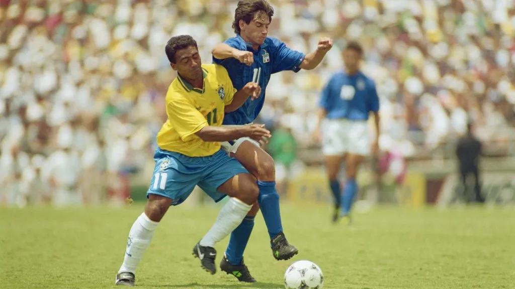 Romario #11 of Brazil, competes with Demetrio Albertini of Italy during the 1994 World Cup final at the Rose Bowl Stadium in Pasadena, California.