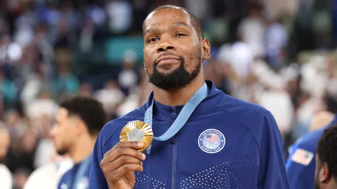 Gold medalist Kevin Durant of Team United States poses for a photo during the Men's basketball medal ceremony on day fifteen of the Olympic Games Paris 2024.