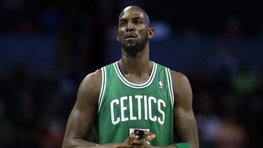 Kevin Garnett #5 of the Boston Celtics during their game at Time Warner Cable Arena on February 11, 2013 in Charlotte, North Carolina.