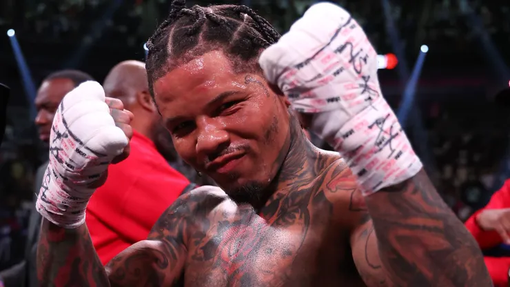Gervonta Davis in the green and purple trunks poses after defeating Ryan Garcia in the black trunks by knockout in the seventh round during their catchweight bout at T-Mobile Arena on April 22, 2023 in Las Vegas, Nevada.