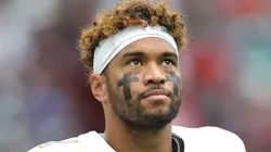 Tua Tagovailoa #1 of the Miami Dolphins warms up before a game against the Houston Texans at NRG Stadium on December 15, 2024 in Houston, Texas.