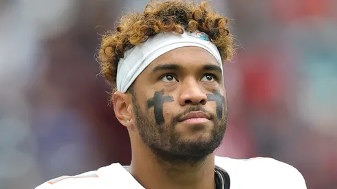 Tua Tagovailoa #1 of the Miami Dolphins warms up before a game against the Houston Texans at NRG Stadium on December 15, 2024 in Houston, Texas.