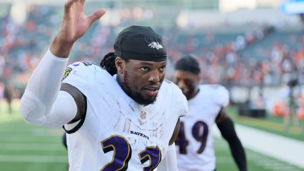 Derrick Henry #22 of the Baltimore Ravens reacts after defeating the Cincinnati Bengals in overtime at Paycor Stadium on October 06, 2024. (Source: Andy Lyons/Getty Images)
