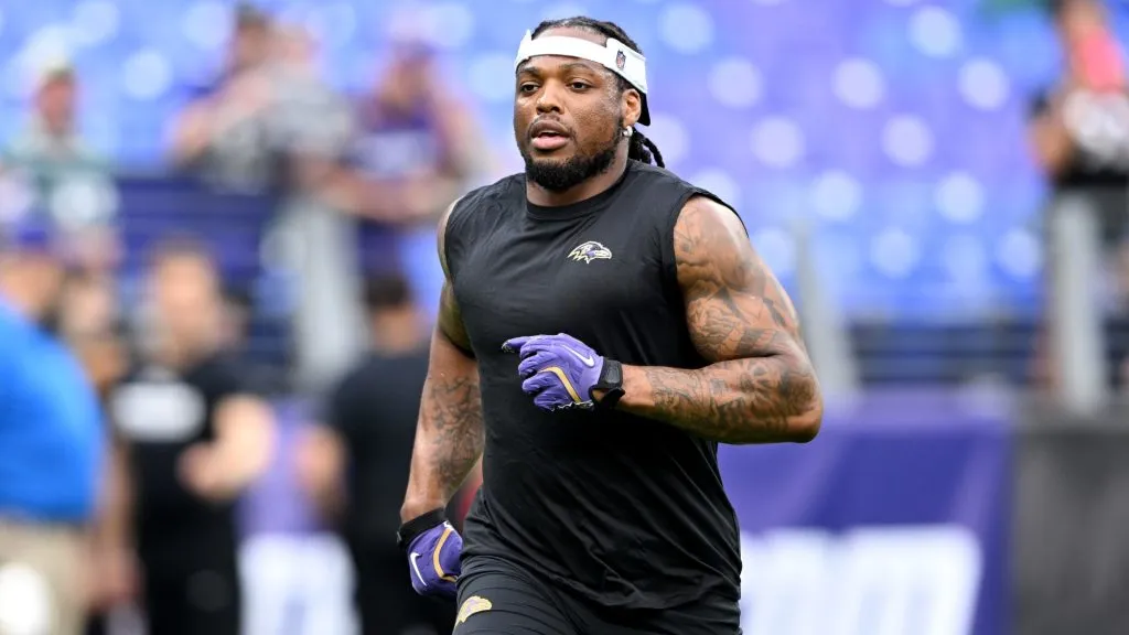 Derrick Henry #22 of the Baltimore Ravens warms up before the preseason game against the Philadelphia Eagles at M&T Bank Stadium on August 09, 2024. (Source: Greg Fiume/Getty Images)