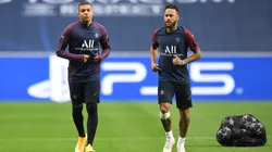 Neymar and Kylian Mbappe of PSG look on during the PSG Training Session ahead of the UEFA Champions League Quarter Final match between Atalanta and PSG at Estadio do Sport Lisboa e Benfica on August 11, 2020 in Lisbon, Portugal.