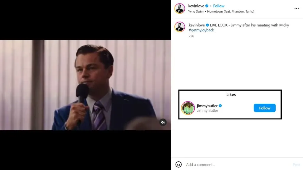 Kevin Love’s Instagram post received a like from Jimmy Butler.