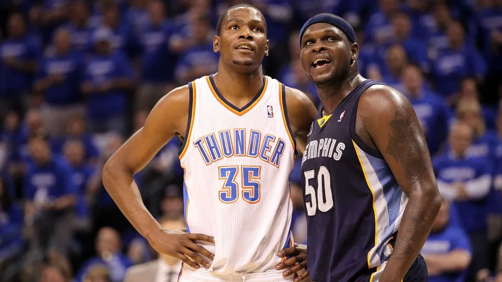 Forward Kevin Durant #35 of the Oklahoma City Thunder and Zach Randolph #50 of the Memphis Grizzlies in Game Two of the Western Conference Semifinals in the 2011 NBA Playoffs. (Ronald Martinez/Getty Images)