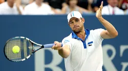 Andy Roddick returns a shot to Michael Russell during the BB&T Atlanta Open at Atlantic Station.