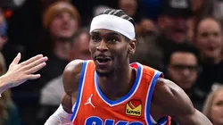 Shai Gilgeous-Alexander #2 of the Oklahoma City Thunder celebrates with fans