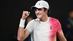 Joao Fonseca of Brazil celebrates a point against Andrey Rublev in the Men's Singles First Round match during the 2025 Australian Open.